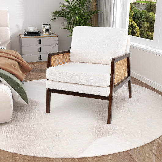 Mid Century Modern Accent Chair with Rattan Arms and Cushion-Brown