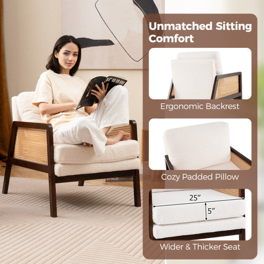 Mid Century Modern Accent Chair with Rattan Arms and Cushion-Brown