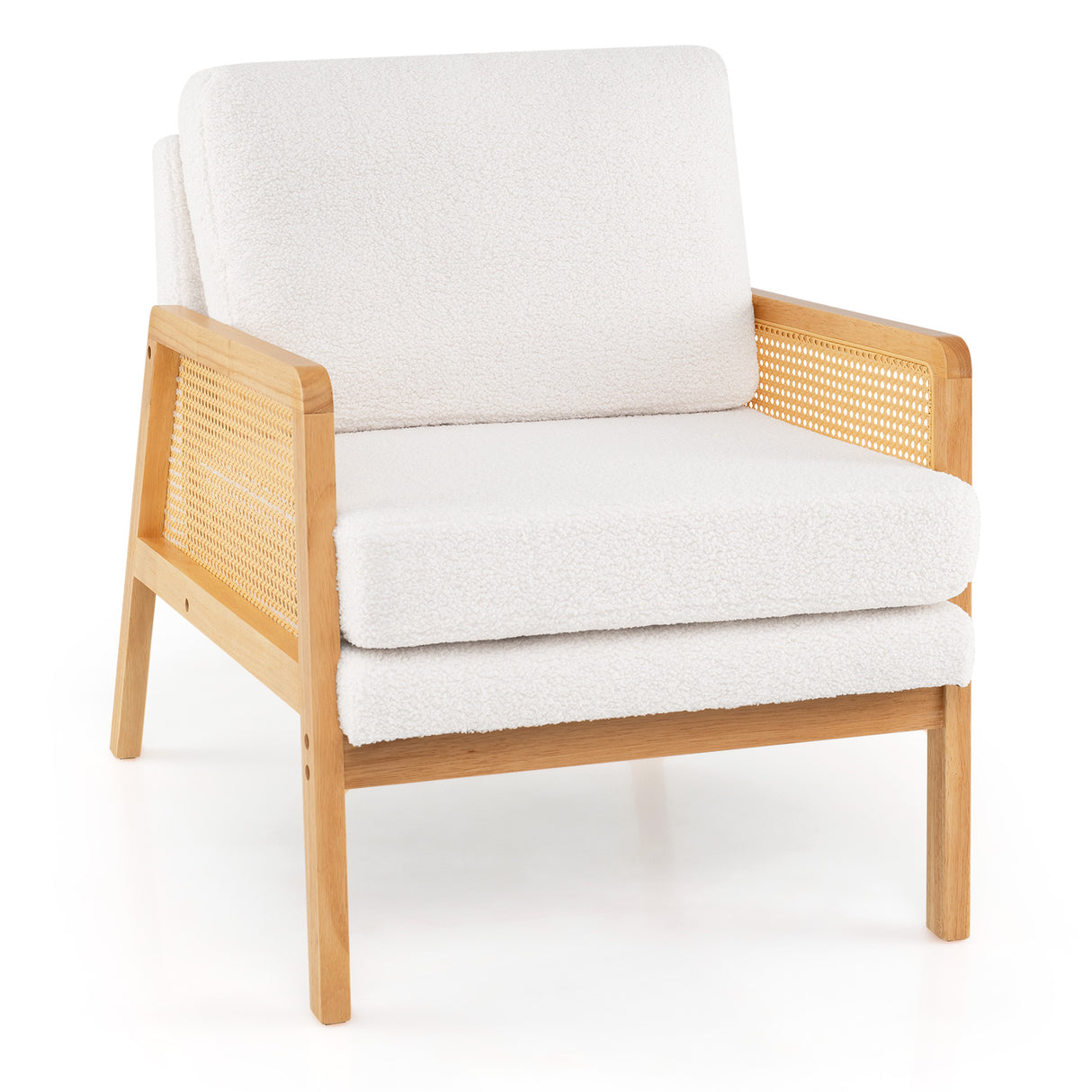 Mid Century Modern Accent Chair with Rattan Arms and Cushion-Natural