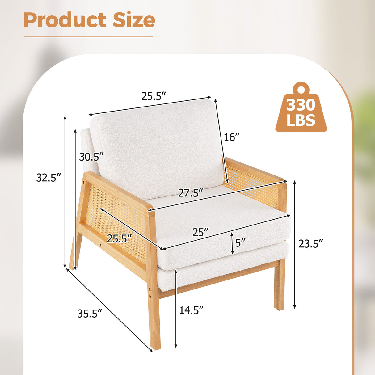 Mid Century Modern Accent Chair with Rattan Arms and Cushion-Natural
