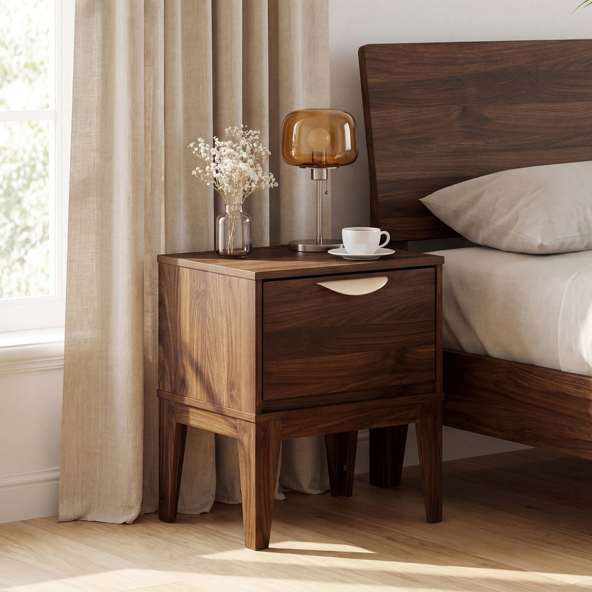 Mid Century Modern Bedside Table with Drawer and Tapered Support Feet for Bedroom-Walnut