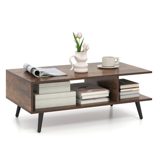Mid Century Modern Rectangle Coffee Table 2-Tier Accent Table with 2 Open Compartments-Rustic Brown