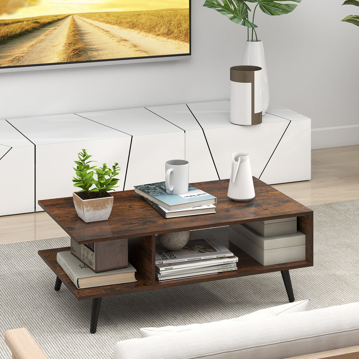 Mid Century Modern Rectangle Coffee Table 2-Tier Accent Table with 2 Open Compartments-Rustic Brown