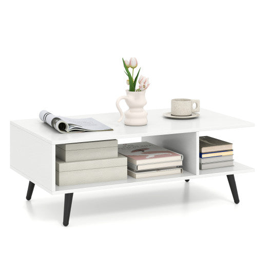 Mid Century Modern Rectangle Coffee Table 2-Tier Accent Table with 2 Open Compartments-White