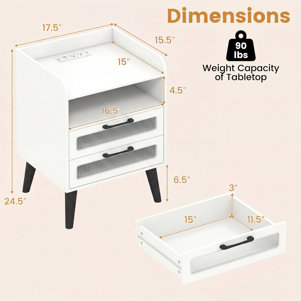 Mid Century Modern Nightstand with Charging Station and LED Lights-White