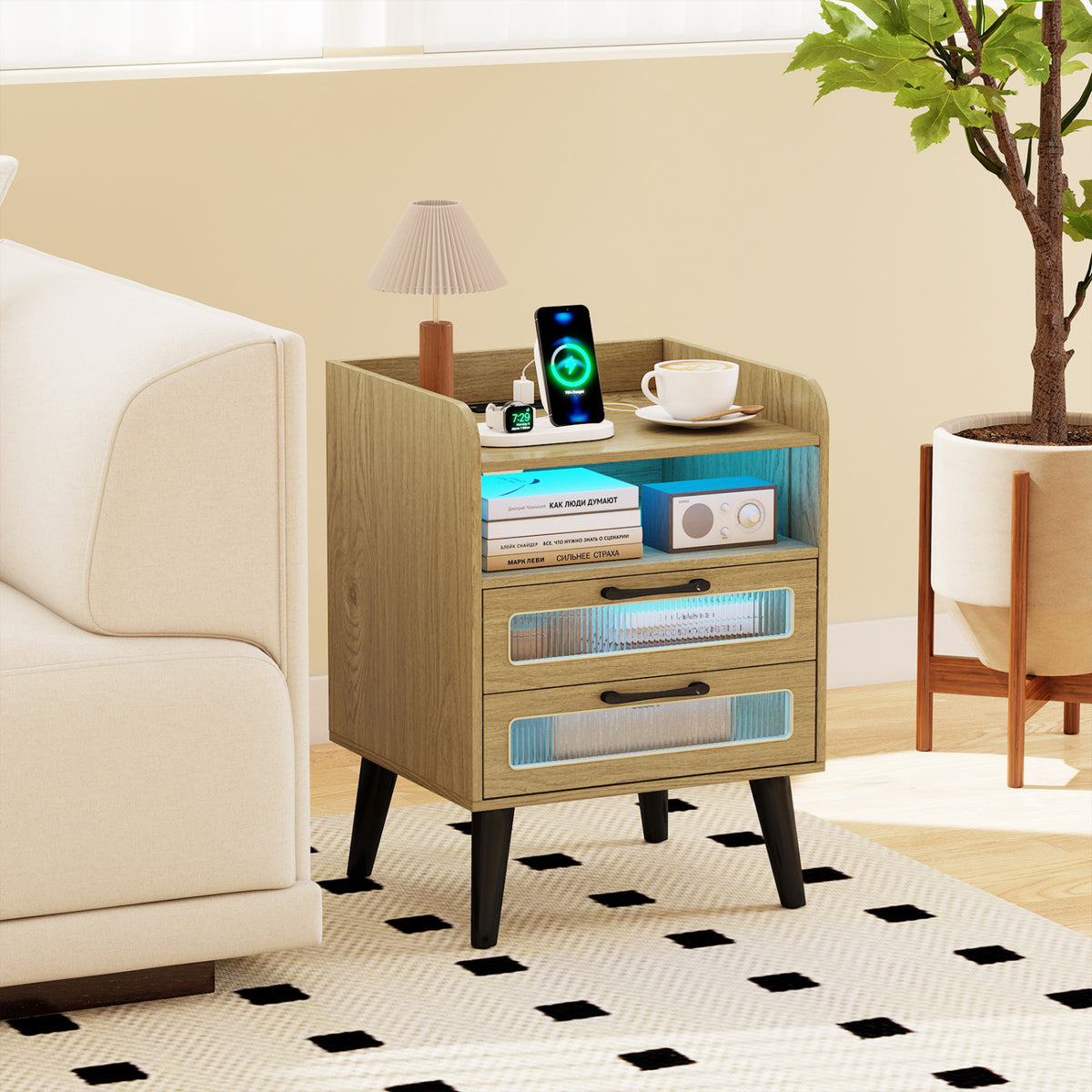 Mid Century Modern Nightstand with Charging Station and LED Lights-Natural