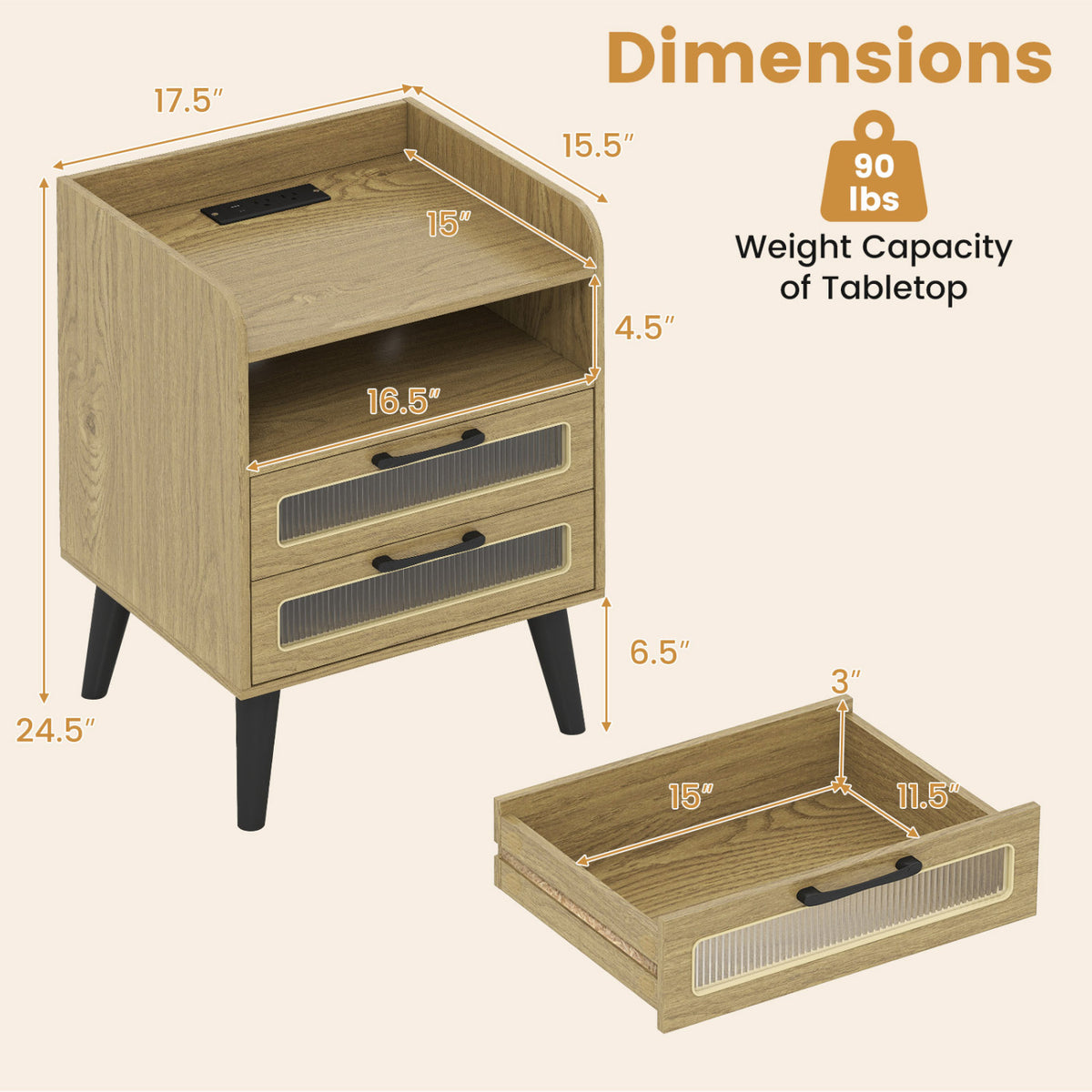 Mid Century Modern Nightstand with Charging Station and LED Lights-Natural