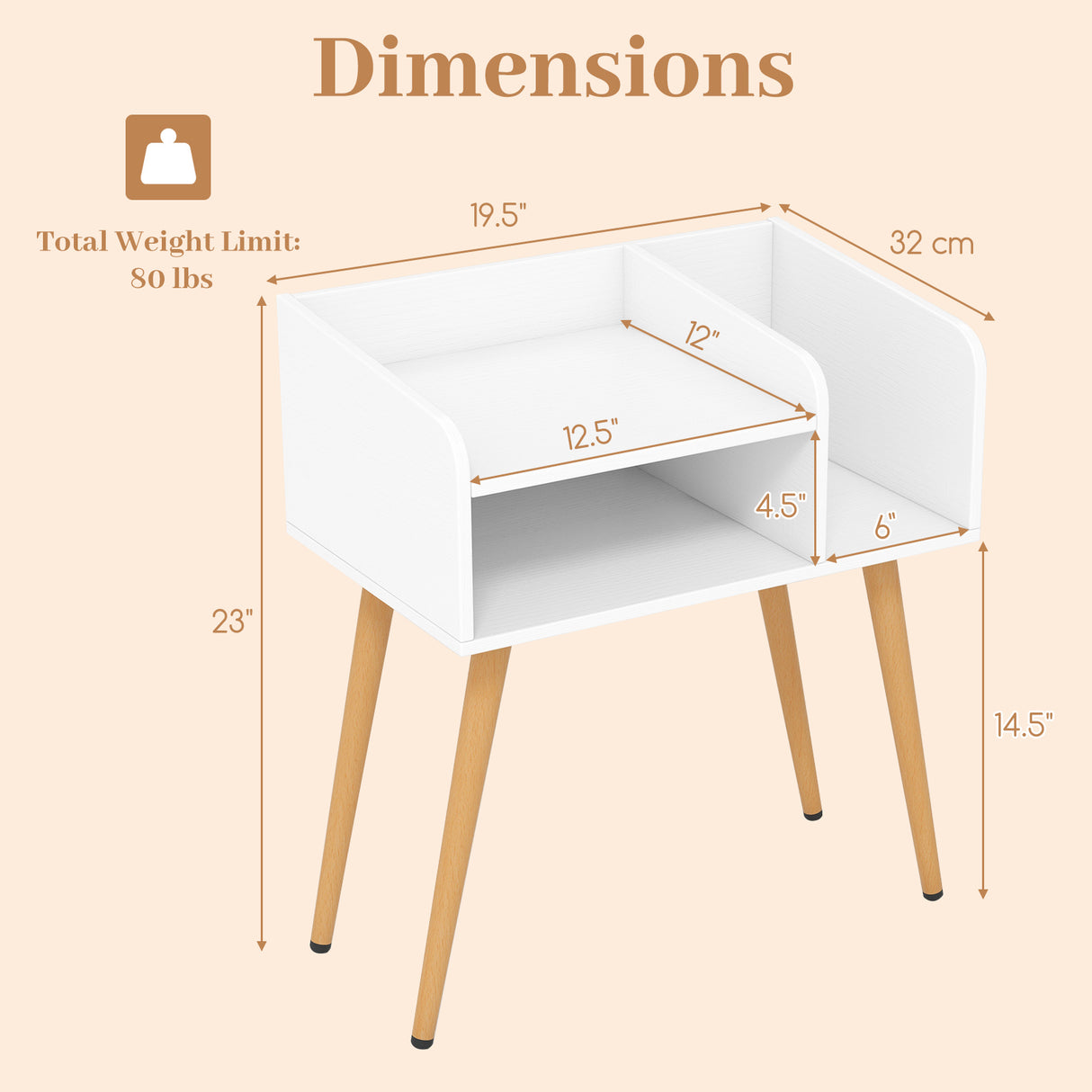 Mid Century Modern Nightstand with Open Shelves-White