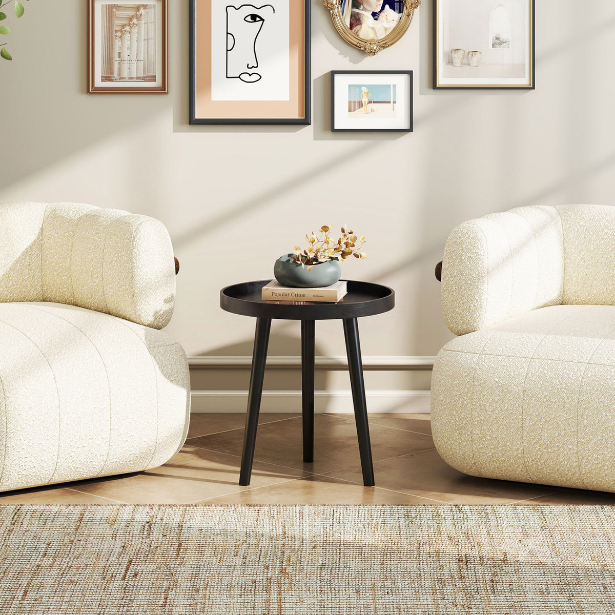 Mid Century Modern Round Side Sofa Coffee Table with Wooden Tray-Black