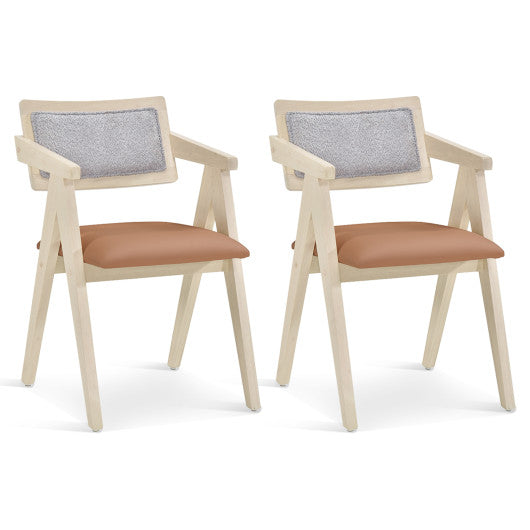 Mid Century Wooden Accent Chairs with Leathaire Seat Cushions Set of 2-Beige