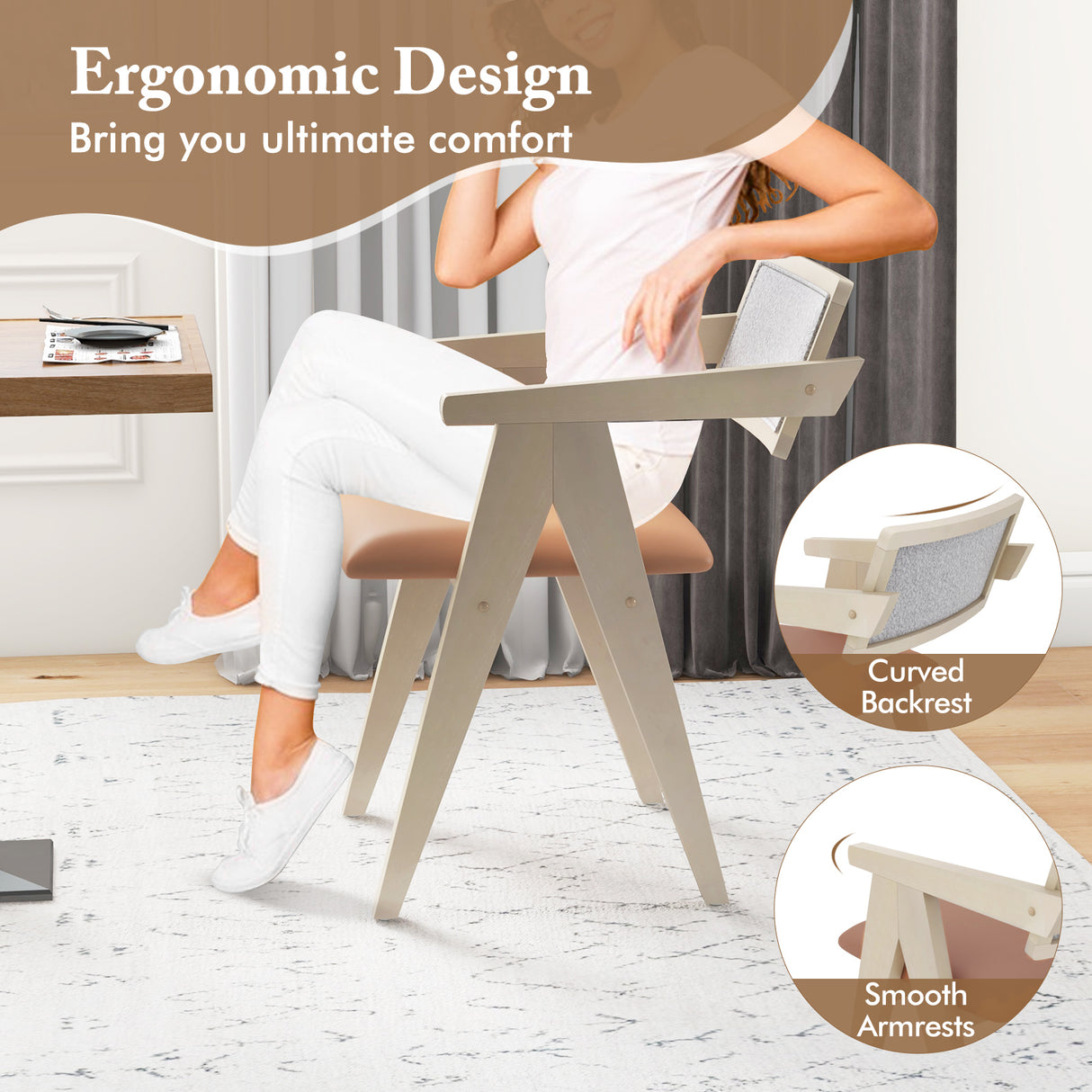 Mid Century Wooden Accent Chairs with Leathaire Seat Cushions Set of 2-Beige