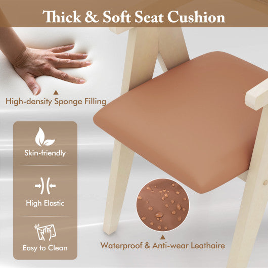 Mid Century Wooden Accent Chairs with Leathaire Seat Cushions Set of 2-Beige