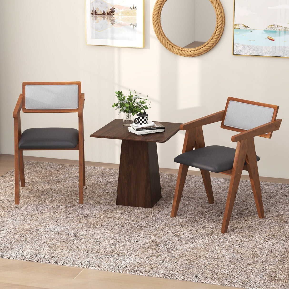 Mid Century Wooden Accent Chairs with Leathaire Seat Cushions Set of 2-Walnut