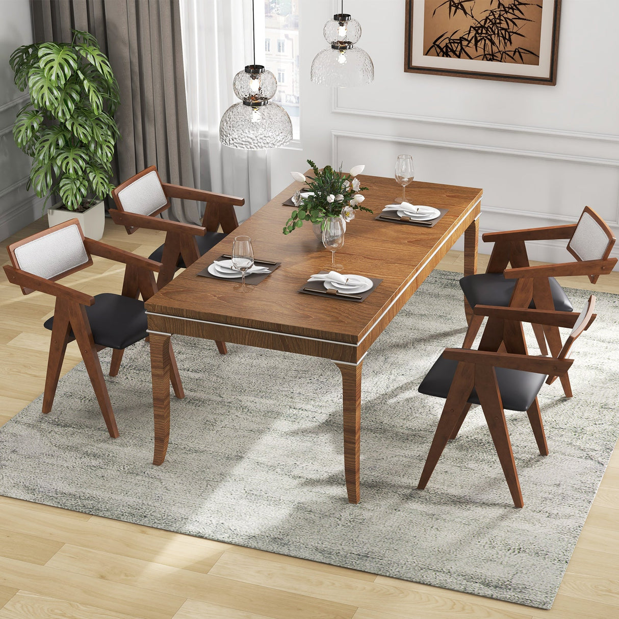 Mid Century Wooden Accent Chairs with Leathaire Seat Cushions Set of 2-Walnut