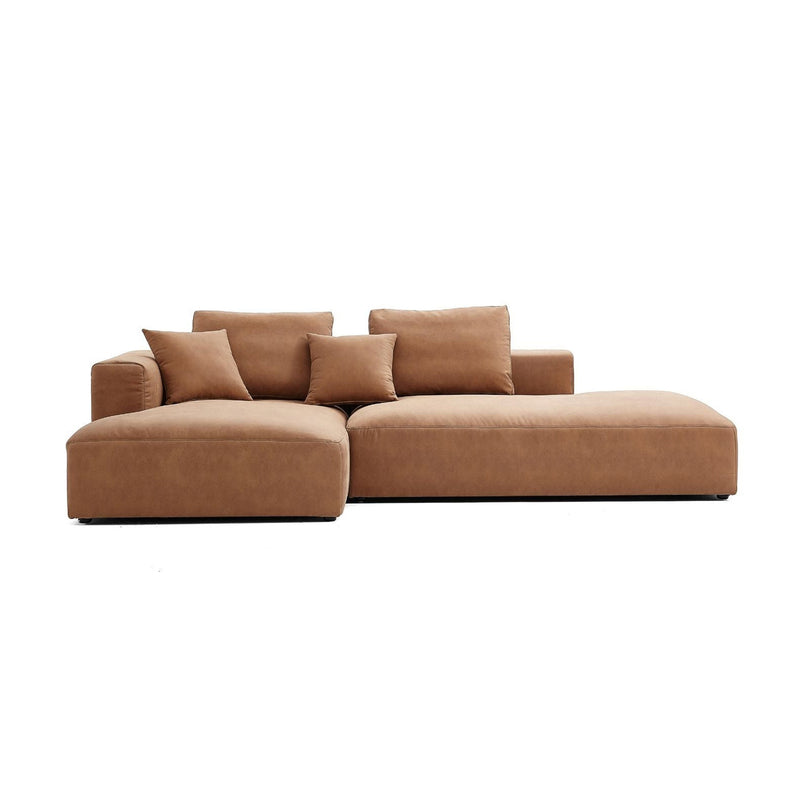 The 5th Open 116" Left Facing Sectional is a contemporary brown sectional sofa with a chaise lounge on the left side, offering plush cushions and a sleek, understated design.