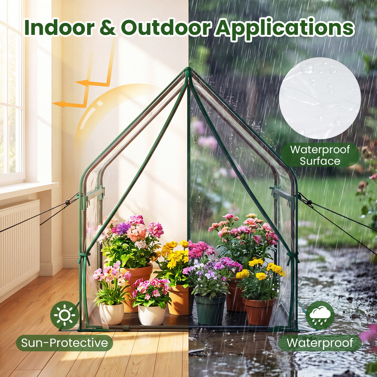 Mini Green House Metal Frame with Waterproof Bottom Mat and Wind Ropes-M