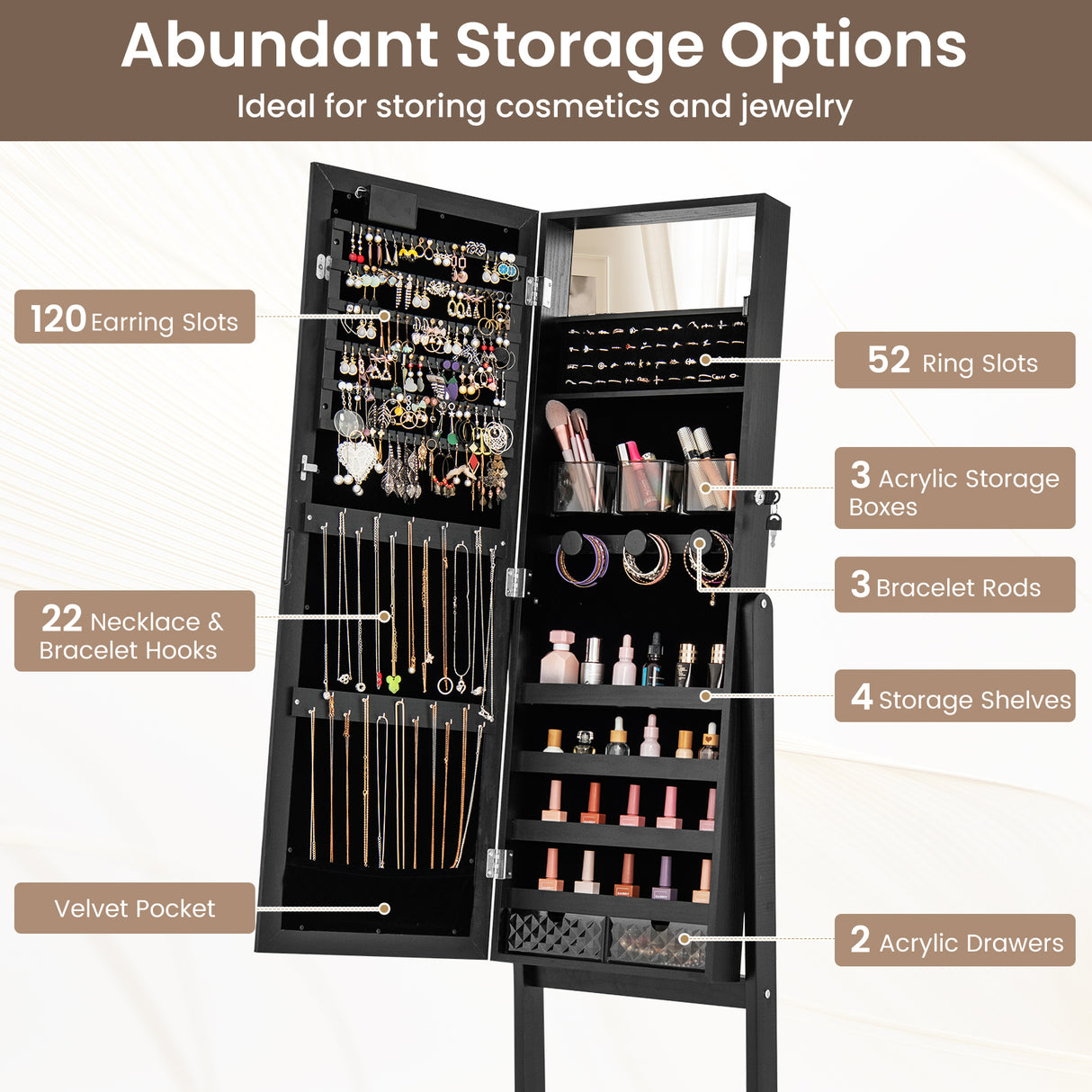 Mirror Jewelry Cabinet with 20 Warm Lights and 4 Tilt Angles-Black