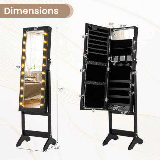 Mirror Jewelry Cabinet with 20 Warm Lights and 4 Tilt Angles-Black