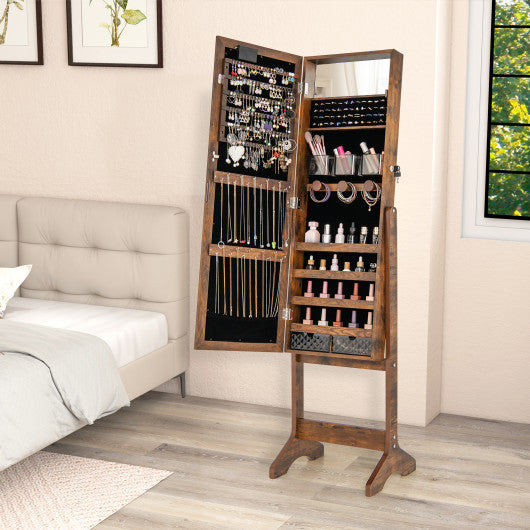 Mirror Jewelry Cabinet with 20 Warm Lights and 4 Tilt Angles-Rustic Brown