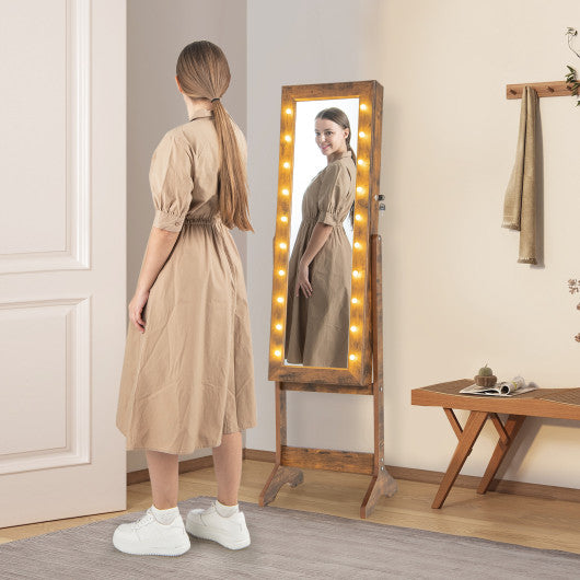 Mirror Jewelry Cabinet with 20 Warm Lights and 4 Tilt Angles-Rustic Brown