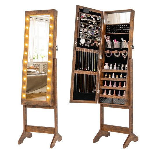 Mirror Jewelry Cabinet with 20 Warm Lights and 4 Tilt Angles-Rustic Brown