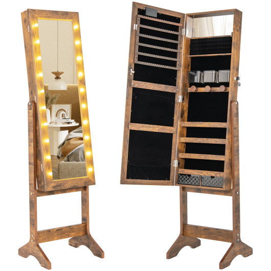 Mirror Jewelry Cabinet with 20 Warm Lights and 4 Tilt Angles-Rustic Brown