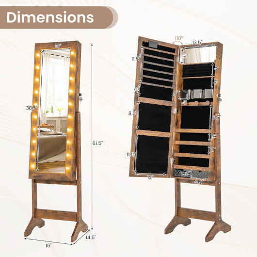 Mirror Jewelry Cabinet with 20 Warm Lights and 4 Tilt Angles-Rustic Brown