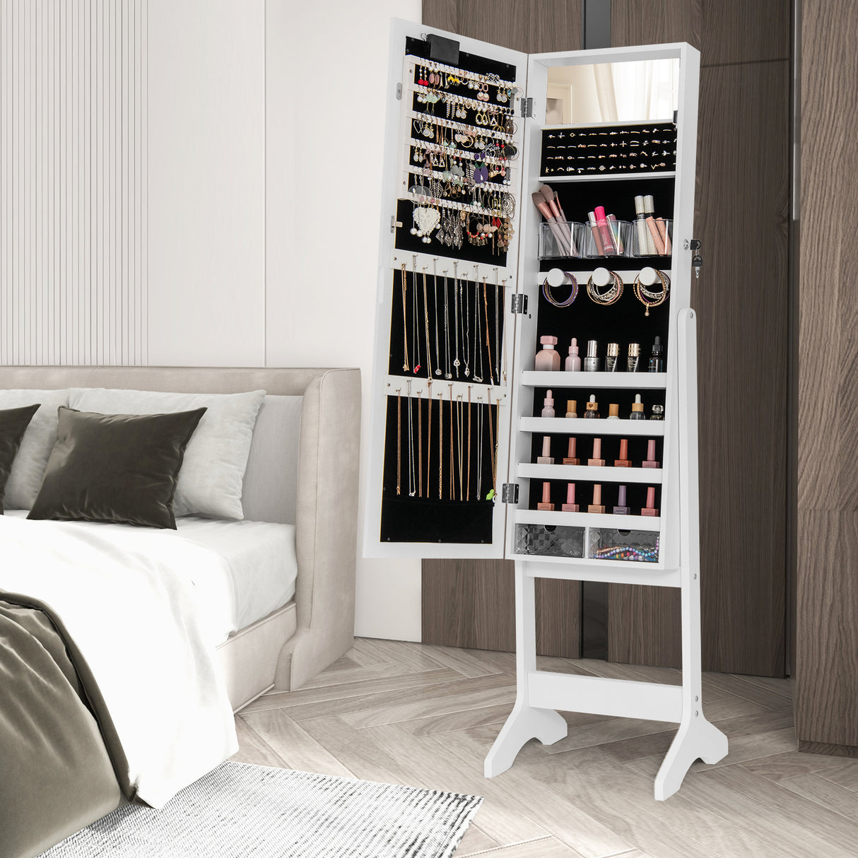 Mirror Jewelry Cabinet with 20 Warm Lights and 4 Tilt Angles-White