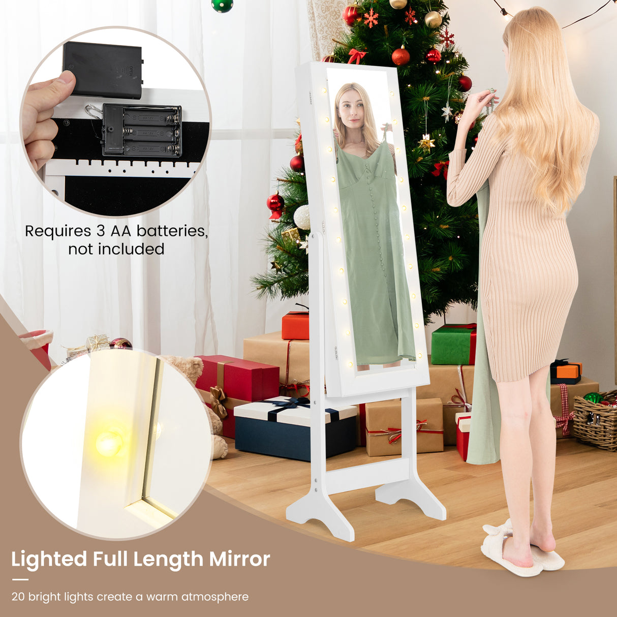 Mirror Jewelry Cabinet with 20 Warm Lights and 4 Tilt Angles-White