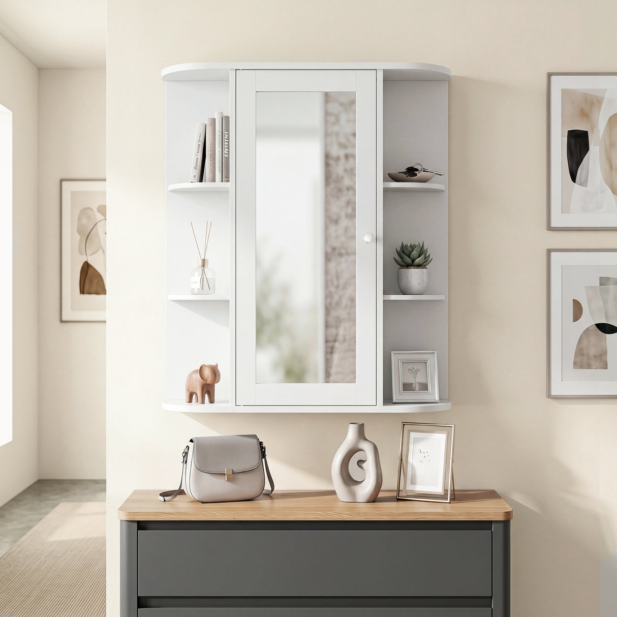Mirrored Bathroom Medicine Cabinet with Single Mirror Door and Adjustable Shelf-White