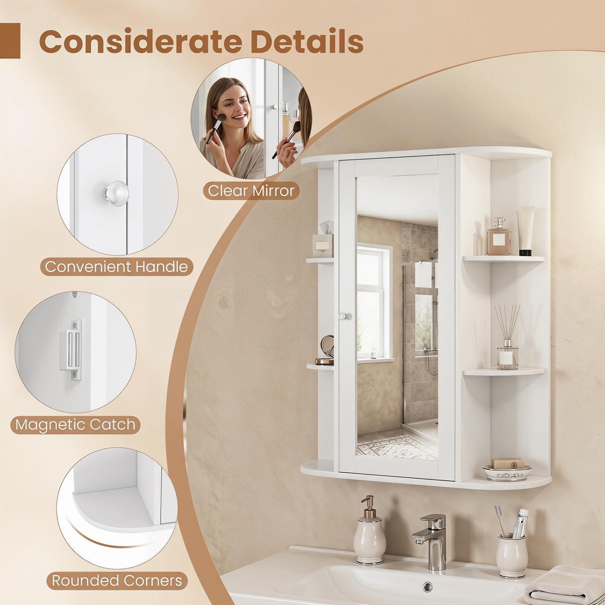 Mirrored Bathroom Medicine Cabinet with Single Mirror Door and Adjustable Shelf-White
