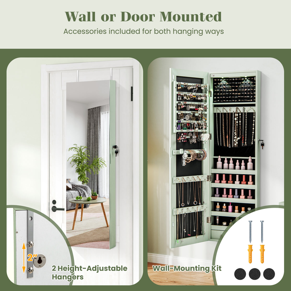 Wall and Door Mounted Mirrored Jewelry Cabinet with Lights-Green