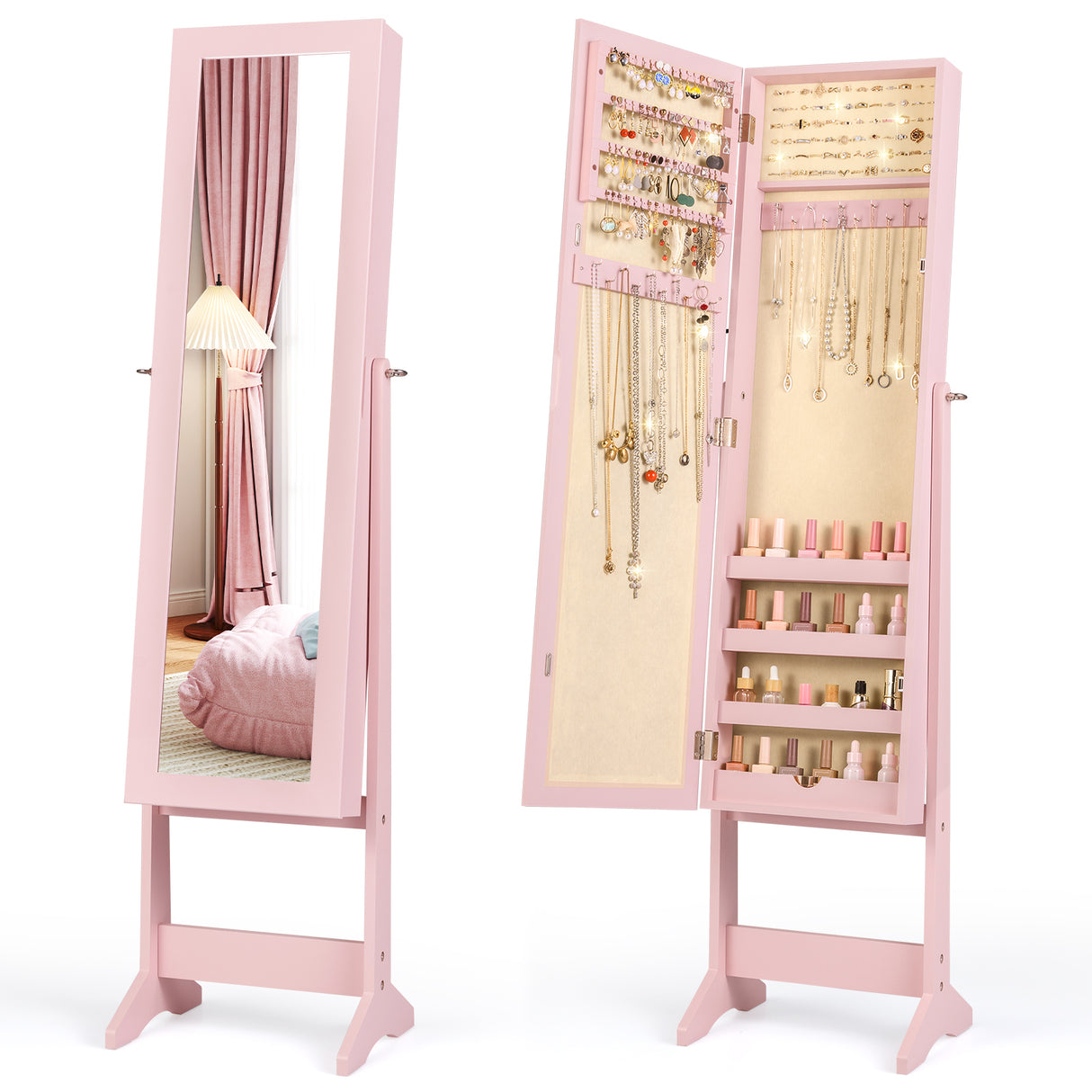 Mirrored Standing Jewelry Cabinet Storage Box-Pink