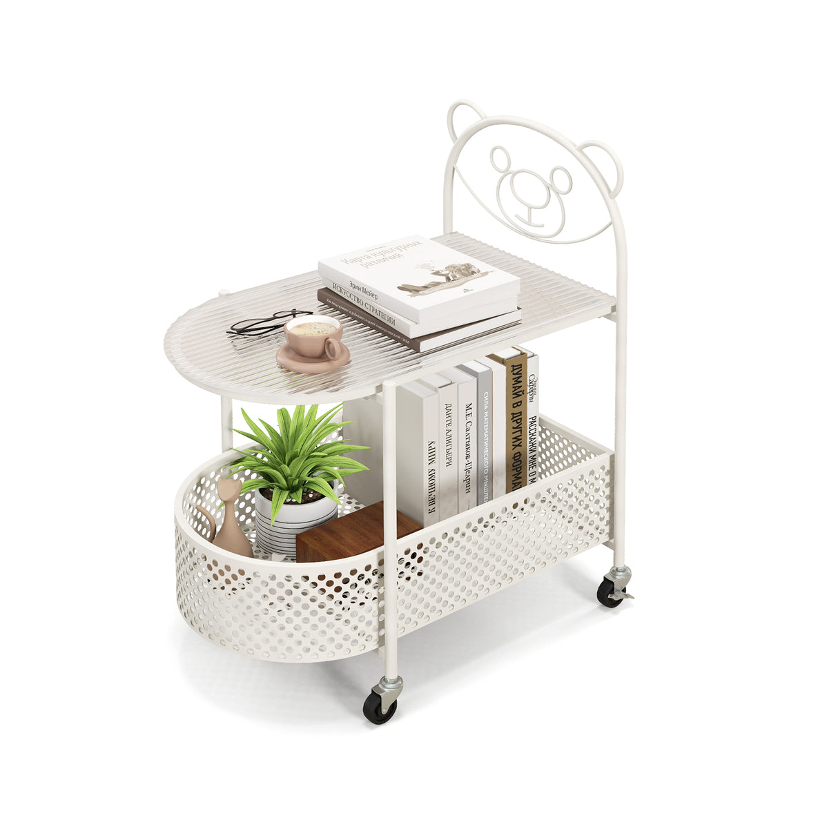 2-Tier Mobile Glass Coffee Table with Bear Pattern-White
