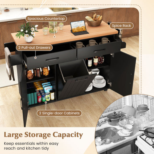 Mobile Kitchen Island Table with Trash Bag Storage for Dining Room-Black