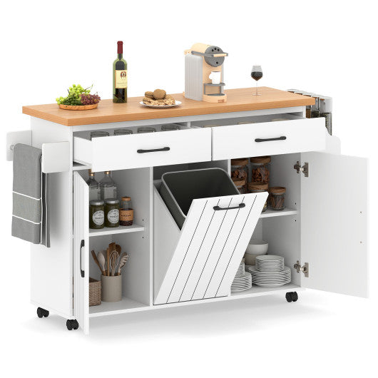 Mobile Kitchen Island Table with Trash Bag Storage for Dining Room-White