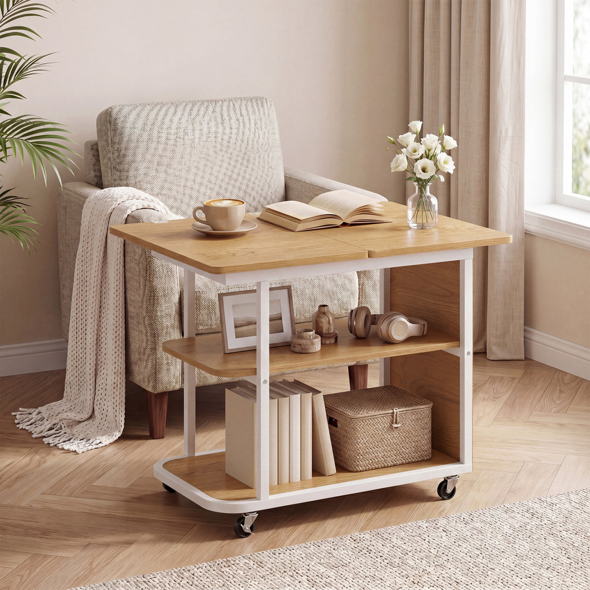 Mobile Night Stand with Foldable Swivel Top and 2-Tier Shelf for Small Spaces-Natural