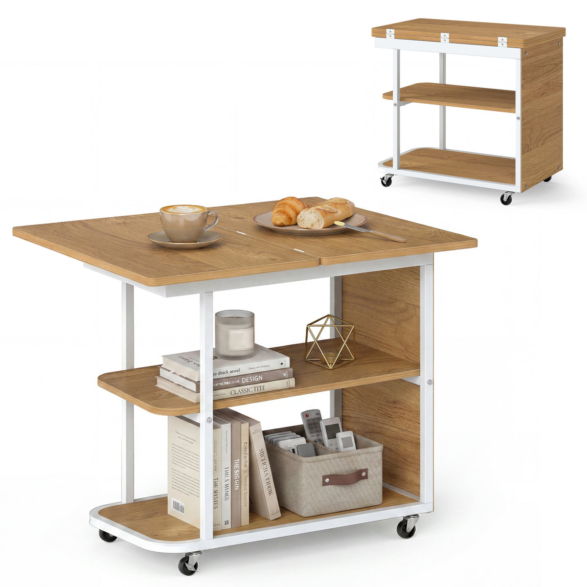 Mobile Night Stand with Foldable Swivel Top and 2-Tier Shelf for Small Spaces-Natural