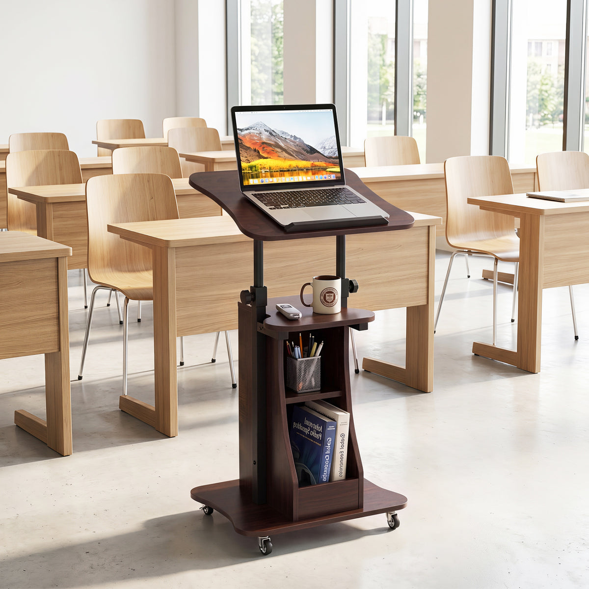 Mobile Podium Stand Height Adjustable Laptop Cart with Tilting Tabletop and Storage Compartments-Brown