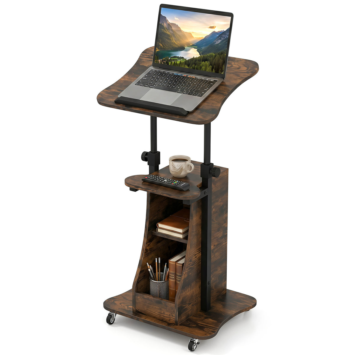 Mobile Podium Stand Height Adjustable Laptop Cart with Tilting Tabletop and Storage Compartments-Rustic Brown