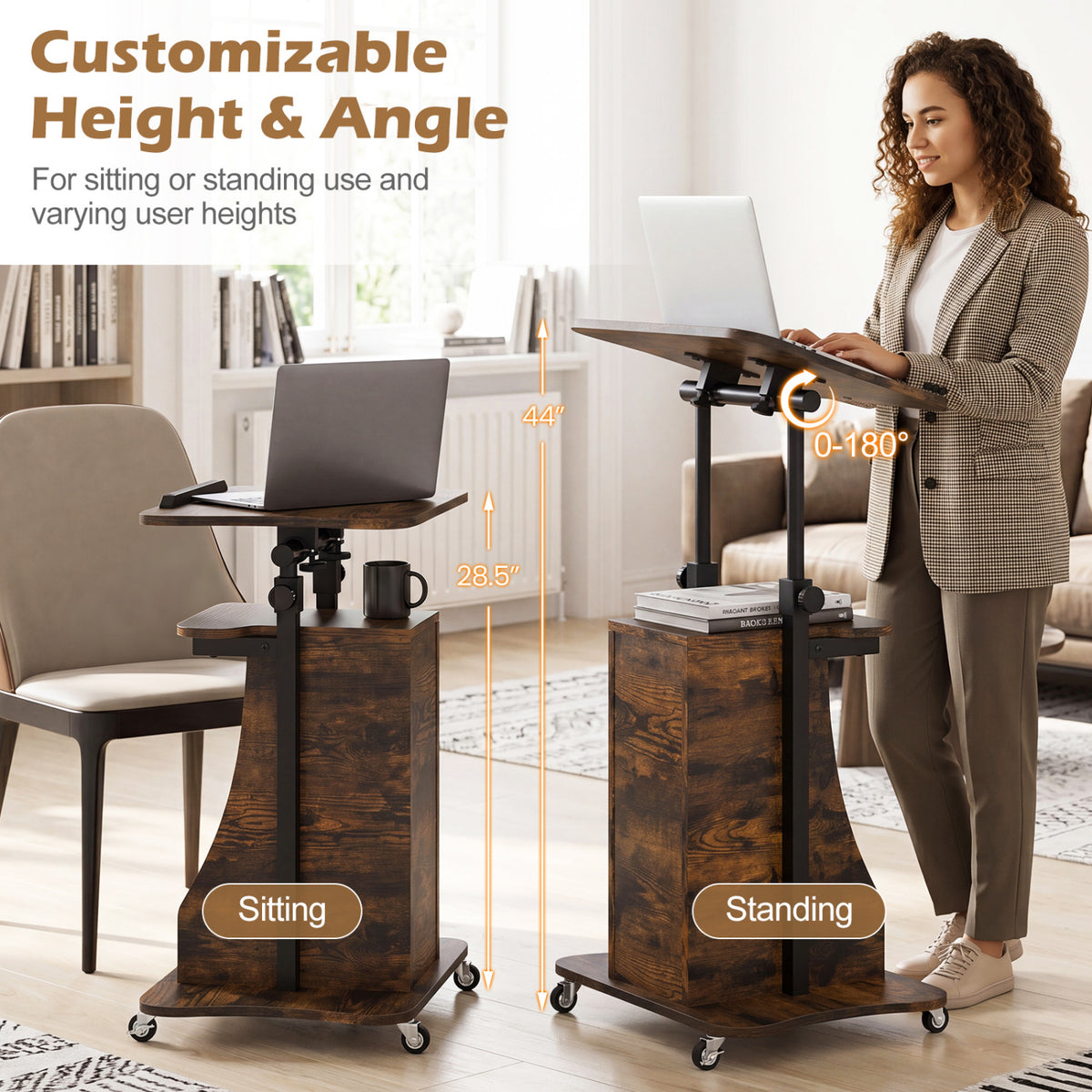 Mobile Podium Stand Height Adjustable Laptop Cart with Tilting Tabletop and Storage Compartments-Rustic Brown