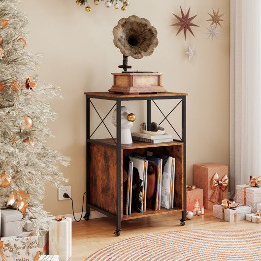 Mobile Record Player Stand with Power Outlet with Open Shelf and Dividers-Rustic Brown