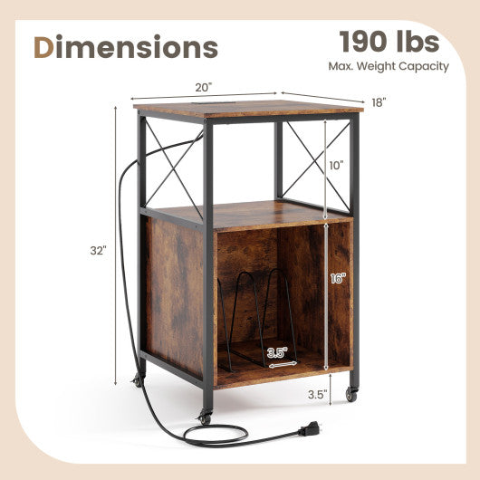 Mobile Record Player Stand with Power Outlet with Open Shelf and Dividers-Rustic Brown