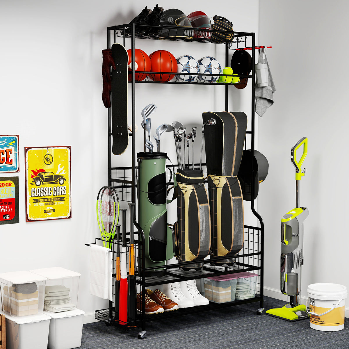 Mobile Sports Equipment Organizer with Golf Bags Storage and Club Rack-Black