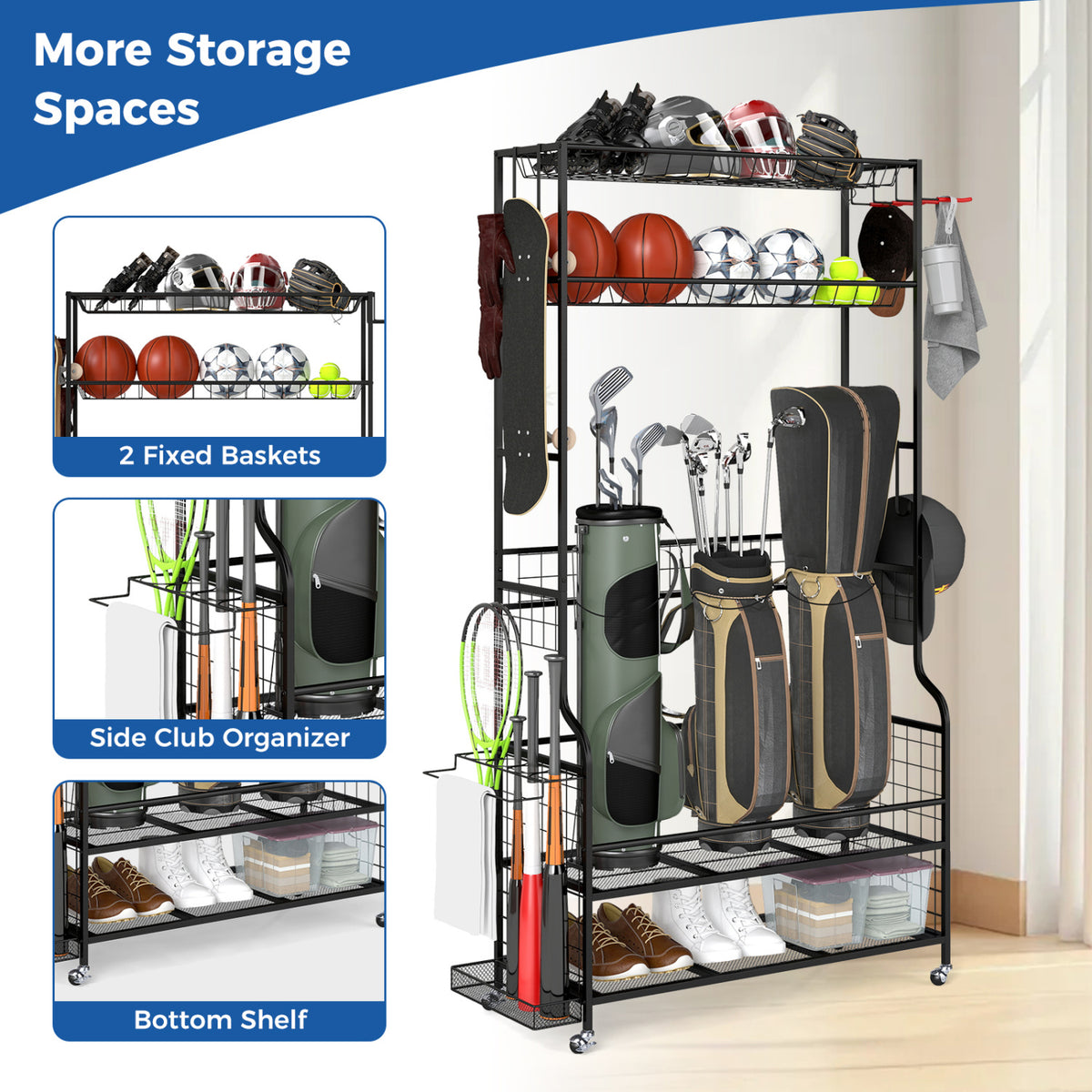 Mobile Sports Equipment Organizer with Golf Bags Storage and Club Rack-Black