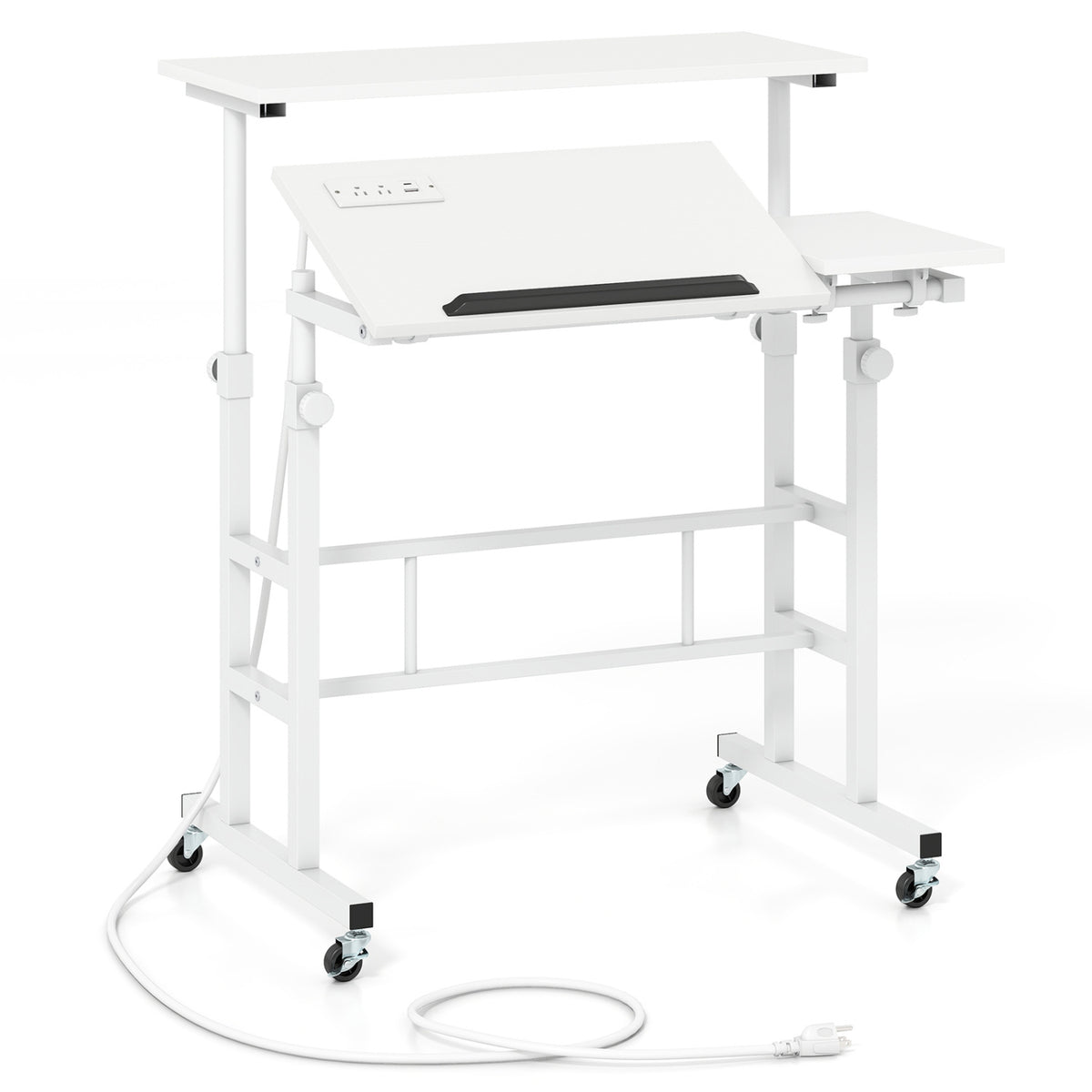 Mobile Stand-up Computer Desk Adjustable with 2 Tilting Desktops-White