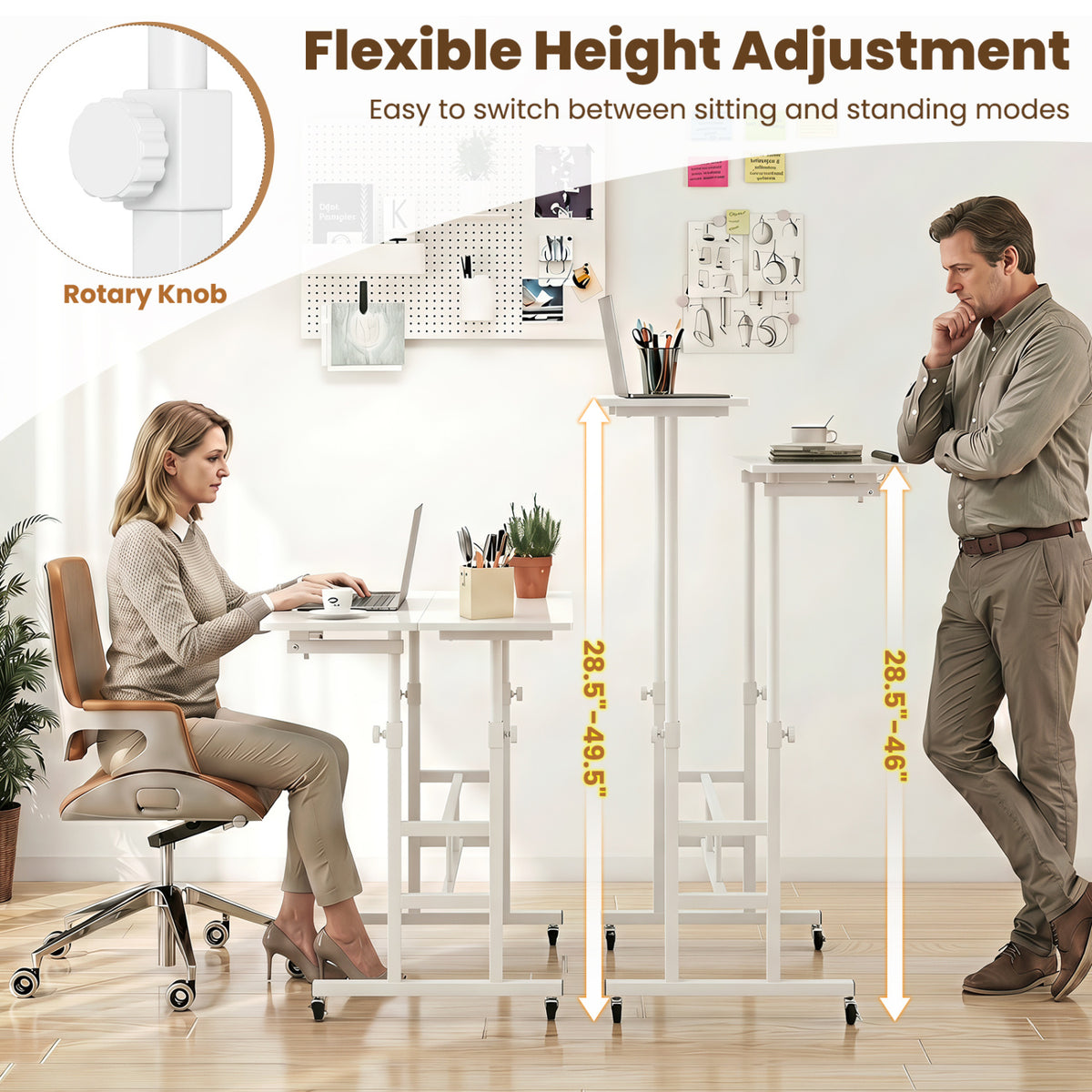 Mobile Stand-up Computer Desk Adjustable with 2 Tilting Desktops-White