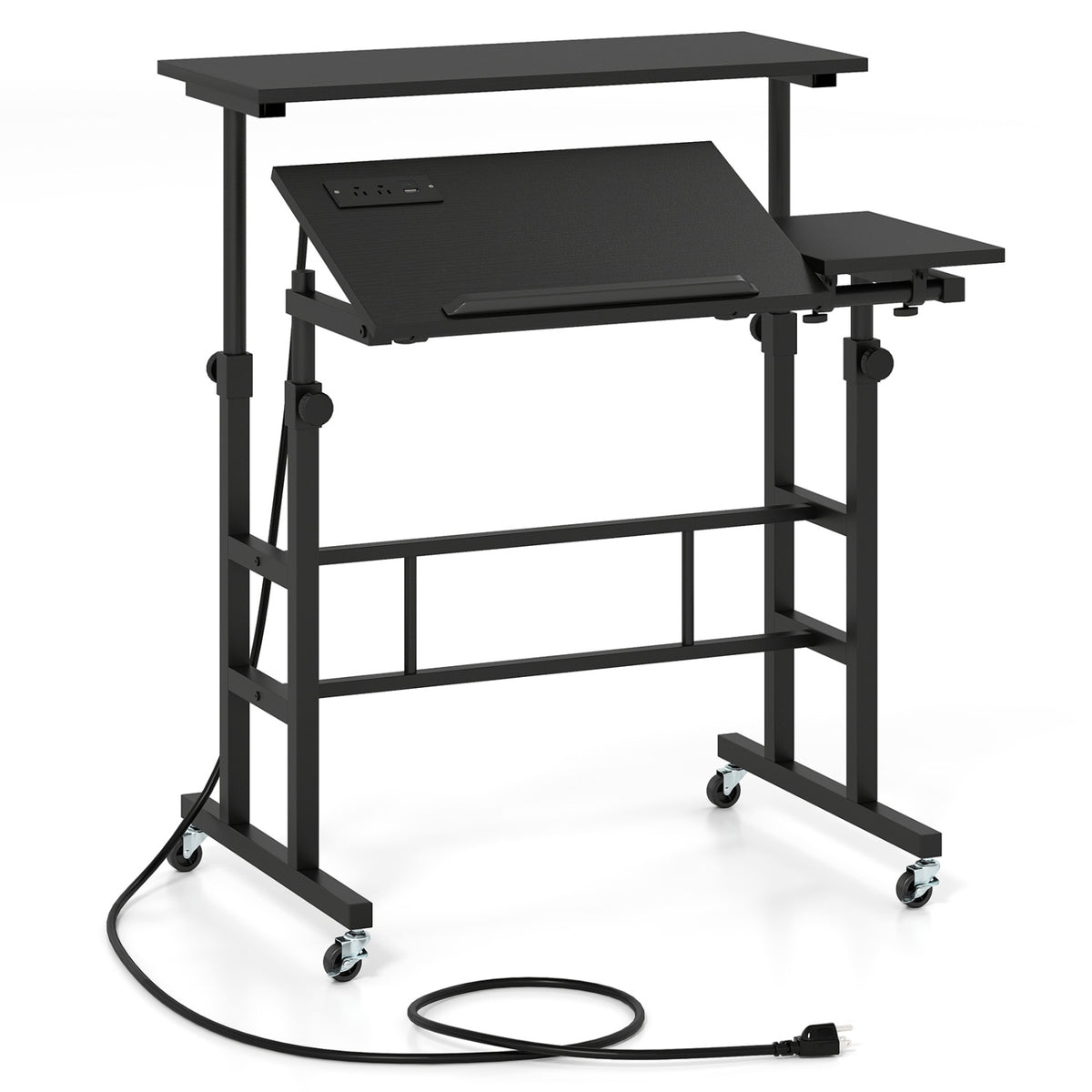 Mobile Stand-up Computer Desk Adjustable with 2 Tilting Desktops-Black