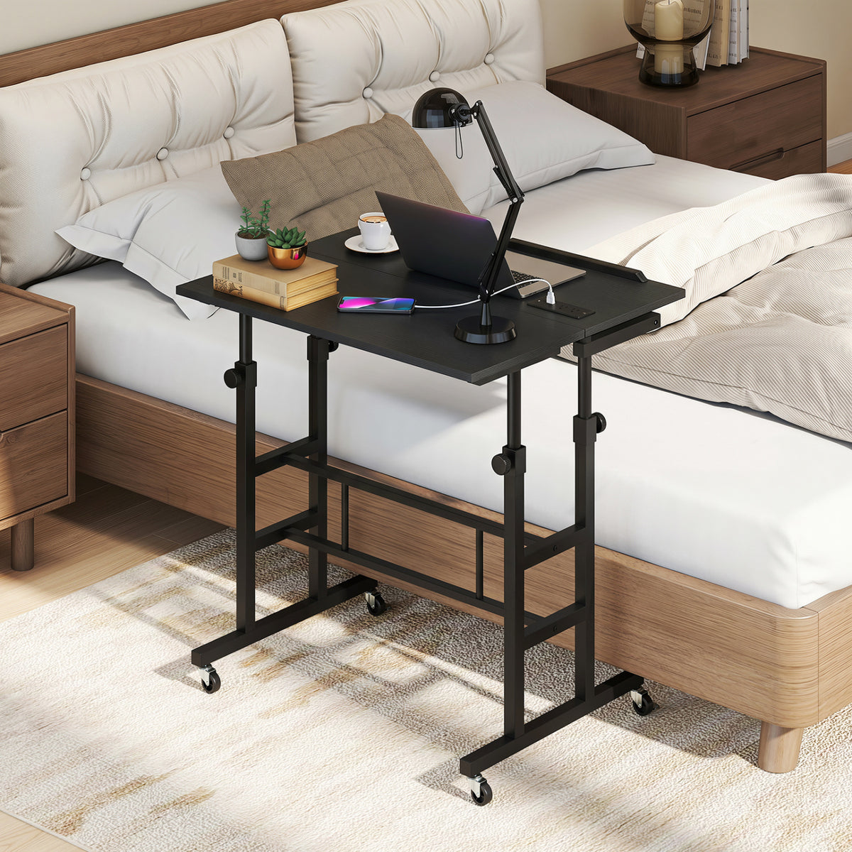 Mobile Stand-up Computer Desk Adjustable with 2 Tilting Desktops-Black