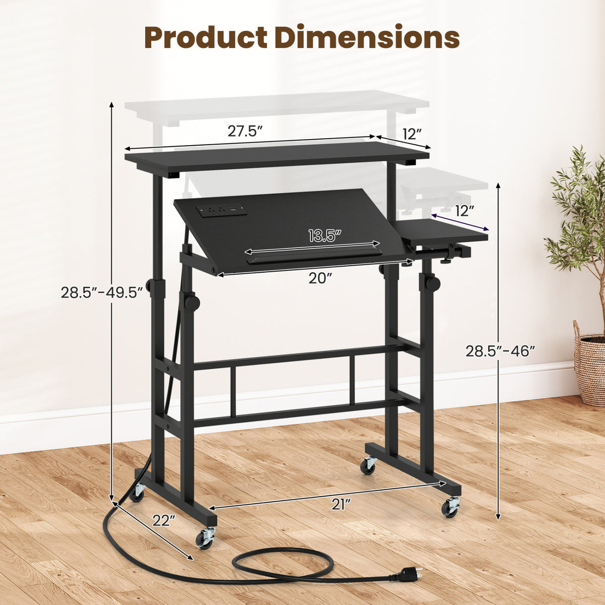 Mobile Stand-up Computer Desk Adjustable with 2 Tilting Desktops-Black
